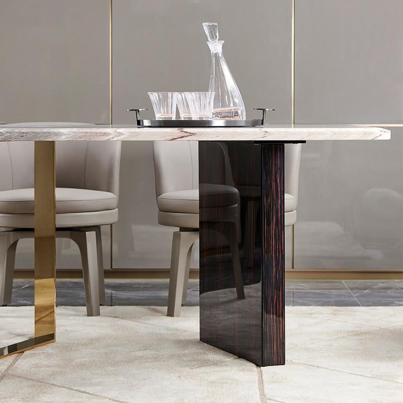 High Quality Luxury Modern Snow Mountain Orchid Gold Wire Ebony Piano Lacquer Natural Marble Stainless Metal Villa Restaurant Living Home Dining Table Dt07-2