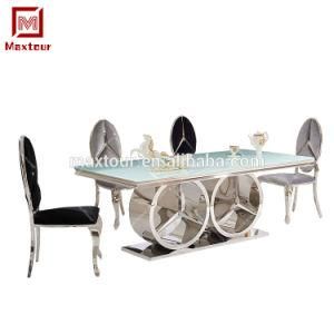 Silver Colour modern Stainless Steel Frame White Glass Top Dining Table
