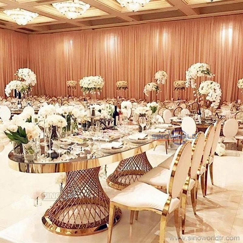 Rental Event Wedding Banquet Oval Gold Glass Stainless Steel Wedding Table