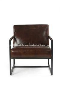 Living Room Vintage Lounge Sofa Chair Genuine Leather Restaurant Armchair with Black Iron Frame