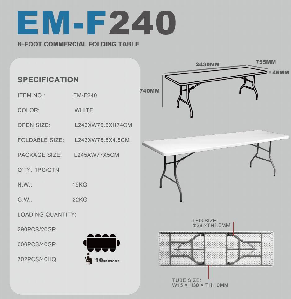 8FT Event Folding Dining 243cm Rectangle Outdoor Plastic Table for Garden ,Meeting ,Event,Party,Wedding,School,Hotel,Dining Hall ,Restaurant,Camping,Office,Bar