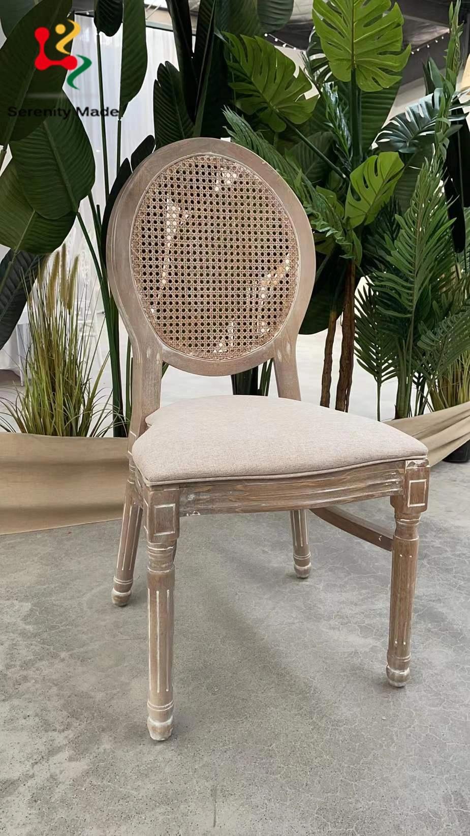 Event Hire Commerical Use Rustic Oak Wood Wedding Use Upholstered Seat with Rattan Backrest Dining Chair