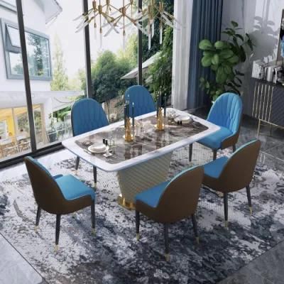 Modern Home Stainless Steel Dining Room Set Luxury Mable Rectangle Dining Table with Chairs