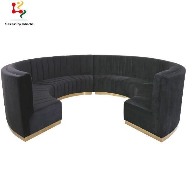 Commercial Grade Bar Cafe and Restaurant Night Club Booth Channel Back Round Shape Velvet Upholstered Brass Base Sofa