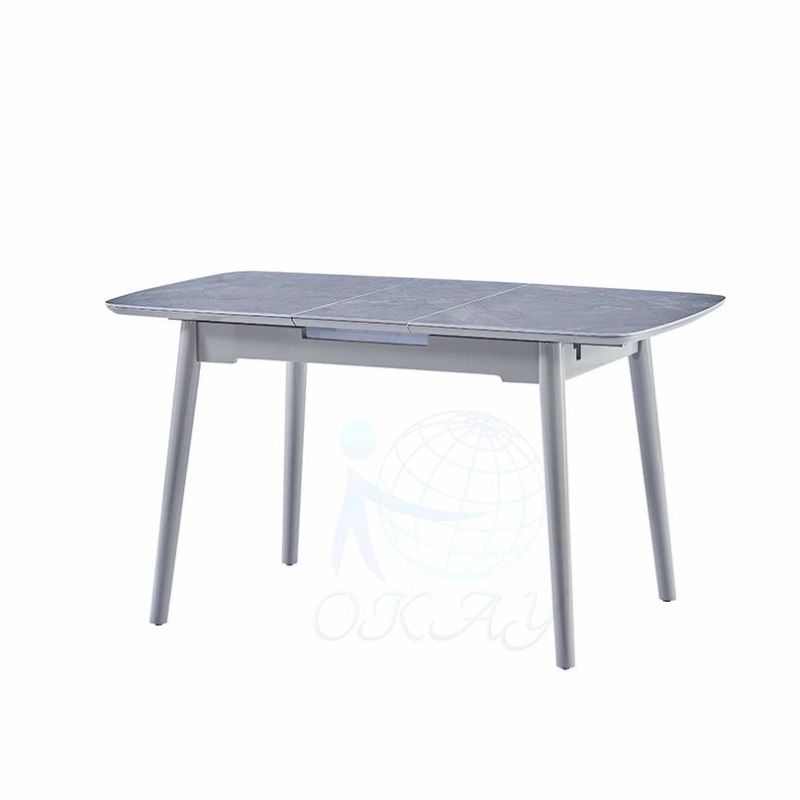 Okay Modern Minimalist Rectangular Extendable Sintered Stone Dining Table Set with Light Grey Marble Table Top Solid Ash Wood Frame
