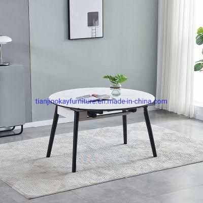 Modern Extendable Round Ceramic Plate Dining Table Set 6 People with Marble Look Tabletop Solid Oak Wood Frame Induction Cooker