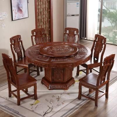 Chinese Carved Big Round Table All Solid Wood Round Dining Table and Chair Combination