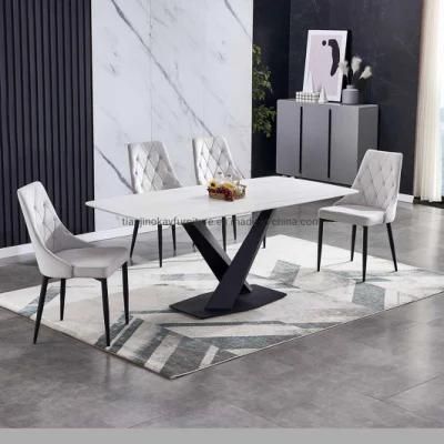 Marble Surface Slate Sintered Stone Top Modern White Gold Color Ceramic Table with Metal Base Dining Table Sets