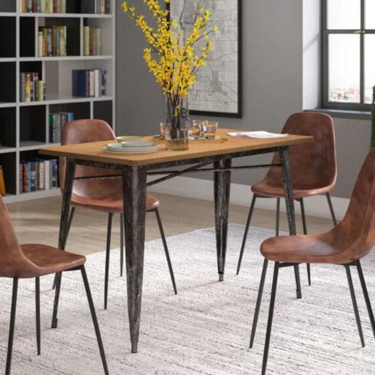 Rectangular Home Furniture Set Metal Dining Table with Solid Wood Top