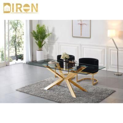 Factory Direct Sell Modern European Glass Marble Top Dining Table with Stainless Steel Legs Modern Home Fabric Furniture
