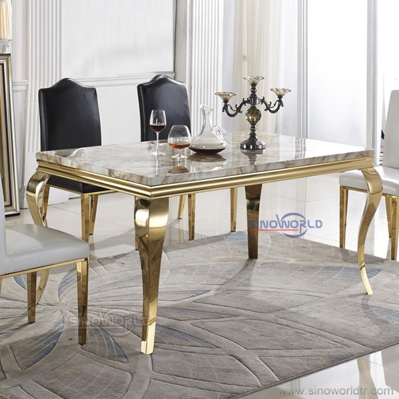 Luxury Home Furniture Glass Curved Marble Wedding Golden Stainless Steel Dining Table