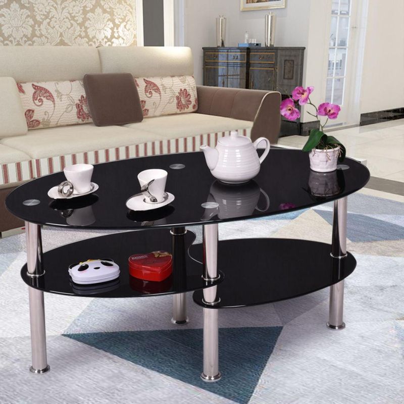 Home Living Room Hotel Restaurant Cheap Modern Oval Stainless Steel 3-Tier Modern Simple Round Square Black Clear Chromed Tempered Glass Center Coffee Table