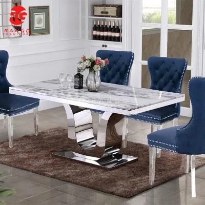 Luxury Grey Marble Dining Table Set Dinner Table Home Furniture Dining Table Chrome Legs with 6 Navy Dining Chairs