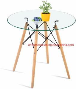Round Glass Kitchen Dining Table with Wood Legs for Kitchen