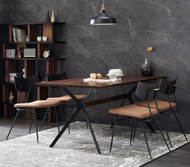 Nordic Retro Vintage Antique Furniture Dark Grey Weather Oak Black Forged Iron Dining Table Nordic Dining Table Household Small Type Solid Wood Table