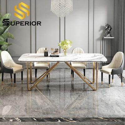 Nordic Glam White Marble Stone Dinner Table with 8 Chairs