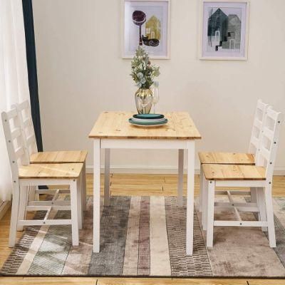 One table and four chairs in solid pine wood with white legs in natural color