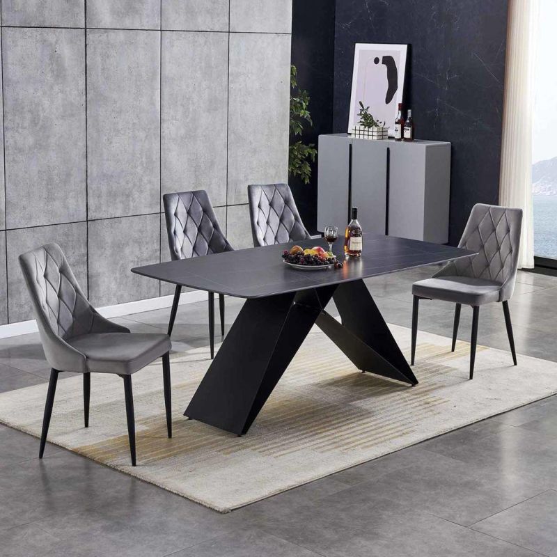 Modern Ceramic Top White Rectangle Table with 6 Chairs Carbon Steel Base 4 People Dining Table