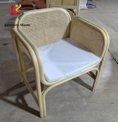 Antique Style Hotel Resort Natural Rattan Sofa Wood Frame Cane Couch with Upholstery Seat Cushion Garden Outdoor Sofa Chair