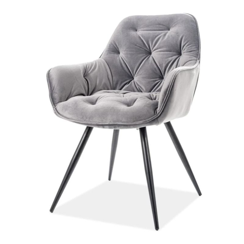 Free Sample Big Gray Malaysia Armrst Light Beige Chromed Leg Fabric Dining Chair with Fabric Chaise Lounge Chair Dining