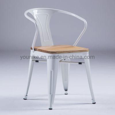 Industrial Armchair Tolix Metal Dining Chair Wood Seat White
