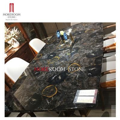 Interior Luxury Villa Rectangle Gemstone Black Petrified Fossil Wood Home Office Desk Dining Room Tables