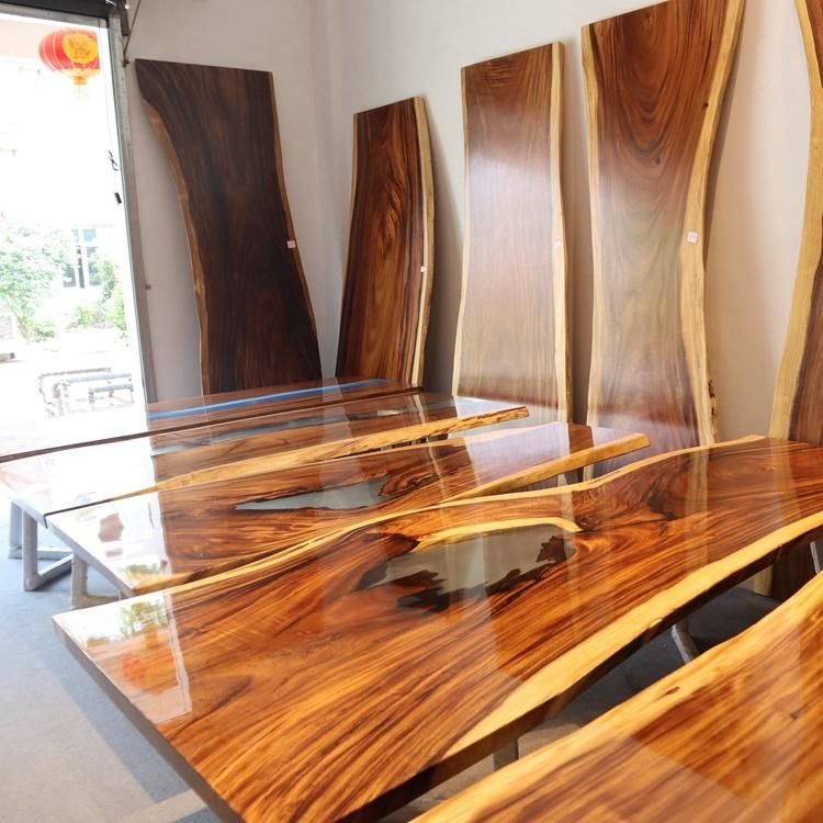 Ideal More Design Restaurant Dining Square Bubinga Wood Slab Live Edge Table Top Executive Golden