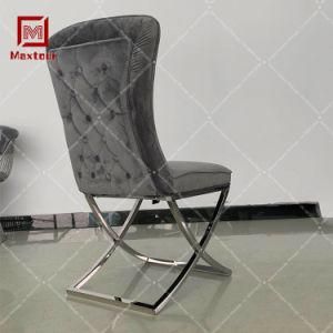 Hot Sale Silver Frame Grey Velvet Button Dining Chair of High Quality