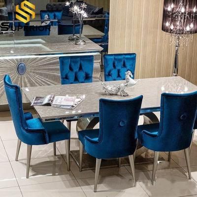 High Back Blue Velvet Fabric Dining Chairs with Metal Legs