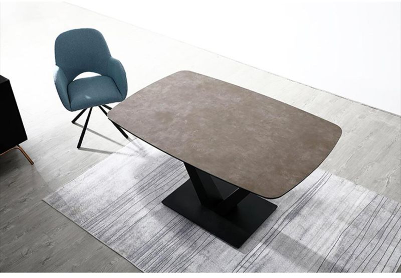 Luxury Unique Kitchen Dining Tables Rectangular Square Shaped Artificial Marble Top 6 Seater Steel Leg Slate Dining Table