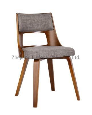 Walnut Bent Plywood Cafe Shop Wood Grey Fabric Upholstered Dining Chairs