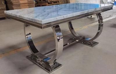 modern Dining Table with Round Leg Rectangle Table with Marble Paper Top and Ring Leg