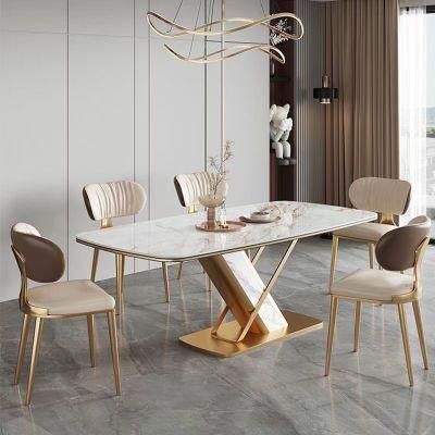 Nordic Rectangular Italian Marble Rock Slab Dining Table 6 Seater for House Golden Luxury Modern Rock Plate Dining Table Leather