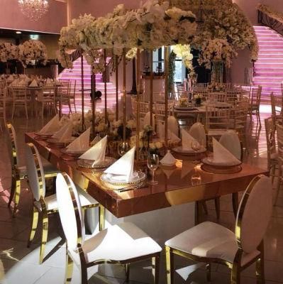 Modern Luxury Gold Stainless Steel Round Back Flower Dining Table Chairs Hotel Banquet Chairs French Wedding Chair