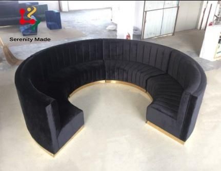 Commercial Grade Bar Cafe and Restaurant Night Club Booth Channel Back Round Shape Velvet Upholstered Brass Base Sofa