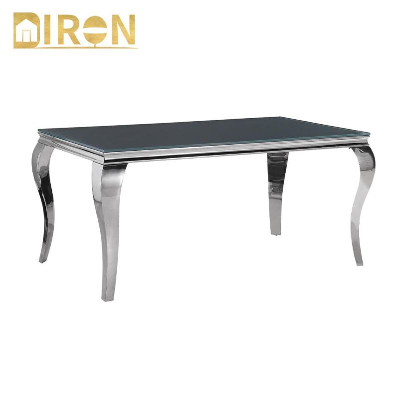 Modern Dining Set Home Furniture Marble Glass Top Silver Chrome Stainless Steel Dining Table