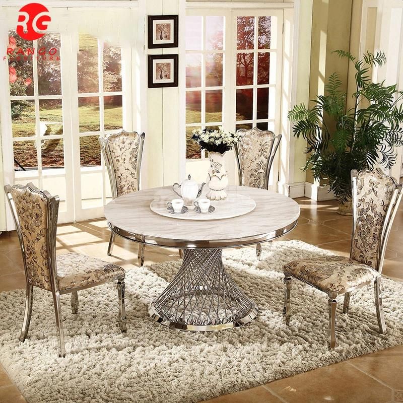 Luxury Metal Round Gold Stainless Steel Legs Dining Table and Chair Sets Turntable Dining Table Rand 6 Chairs Home Furniture