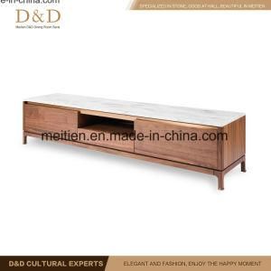 Home Use Walnut Wood and Marble TV Stand with Wooden Leg