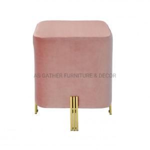 Ins Stylish Light Luxury Golden Metal Pink Fabric Upholstery Ottoman Stool