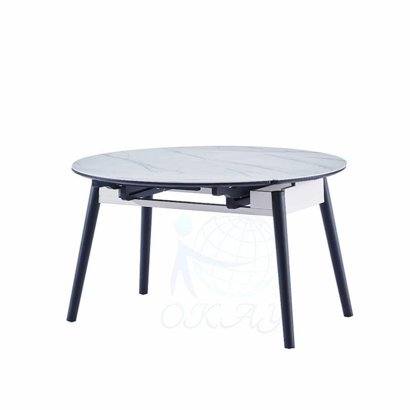 Modern Extendable Round Ceramic Plate Dining Table Set 6 People with Marble Look Tabletop Solid Oak Wood Frame Induction Cooker