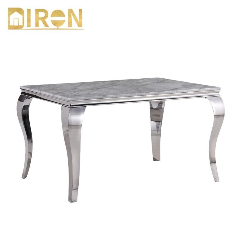 Modern Style Rectangle Tempered Glass Marble Top Dining Set Home Furniture Household Stainless Steel Legs Base Dining Table