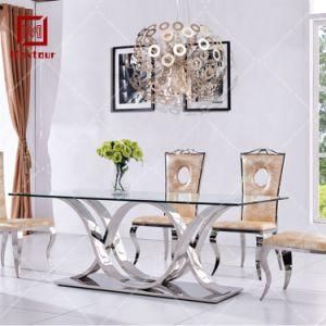 European Style Romantic Rectangle Stainless Steel Glass Wedding Dining Table Sale by Factory Directly