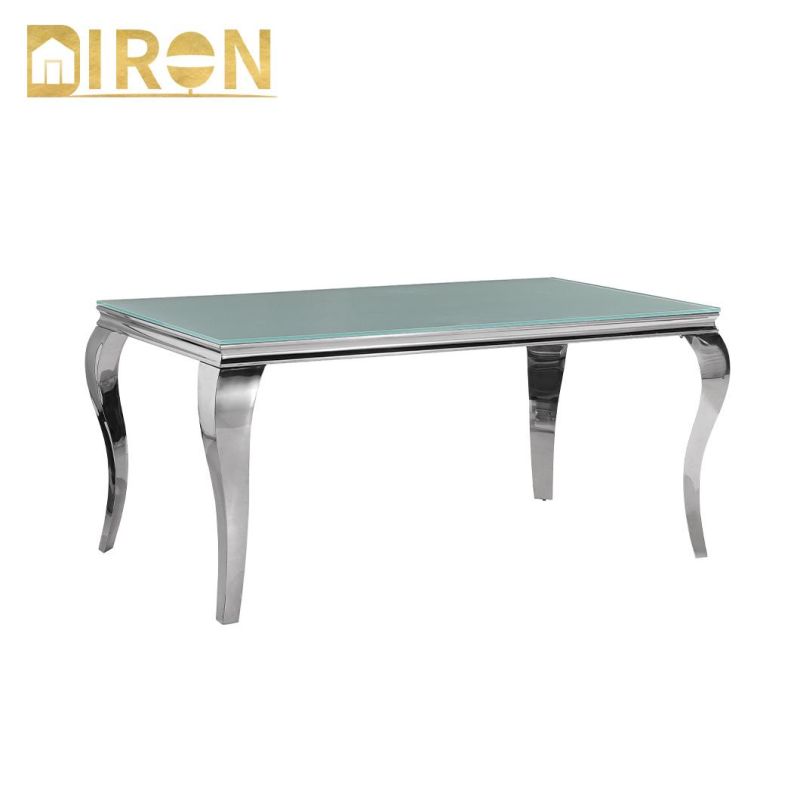 Modern Dining Set Home Furniture Marble Glass Top Silver Chrome Stainless Steel Dining Table