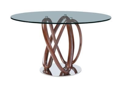 Factory Modern Living Room Stainless Steel Wooden Glass Round Dining Table