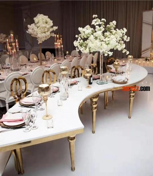 Party Wedding Table Gold Silver Stainless Steel Plating Marble Glass Desktop Glass Luxury Combination Banquet Table