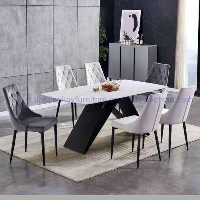 Modern Ceramic Top White Rectangle Table with 6 Chairs Carbon Steel Base 4 People Dining Table