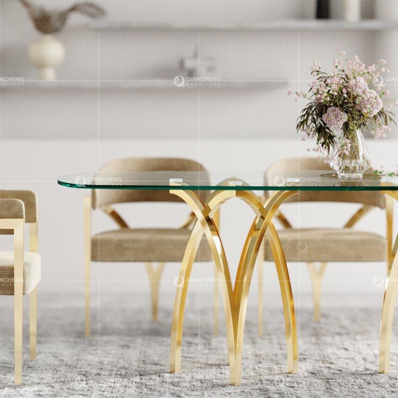 Rectangle Stainless Steel Tempered Glass Gold Mirrored Dining Room Tables