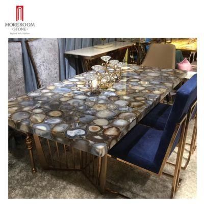 Rectangle Grey Color Onyx Marble Dining Table Home Used