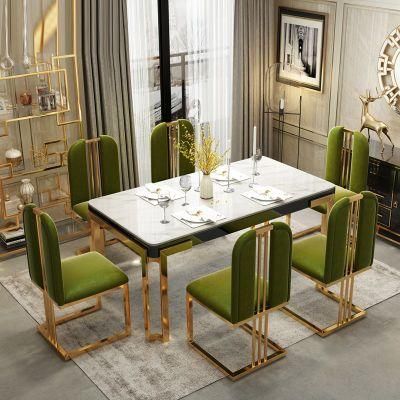 Modern Dining Table with Gold Metal Legs Rectangular Luxury Marble Top Set Leather Fabric Chairs for Dining Room Furniture