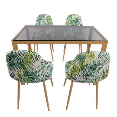 Factory Direct Modern Design Tempered Glass Table Set with 4 Velvet Fabric Chairs